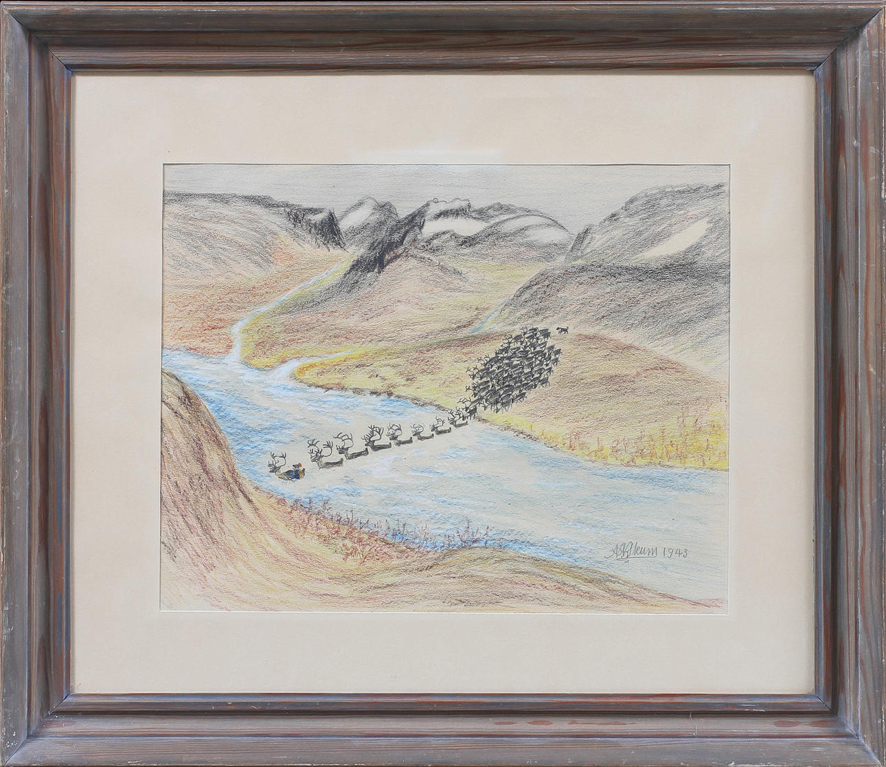 NILS NILSSON SKUM. "Renar simma över bäcken". Färgkrita och blyerts, signerad och daterad 1943.