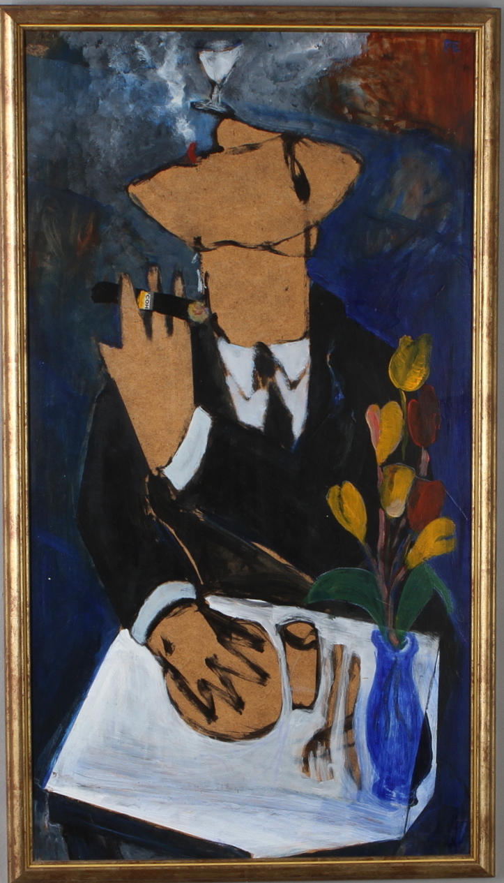 PEPPE ENGBERG. "Porträtt av en affärsman som i ensamhet firar en jävligt bra affär", olja på pannå, monogramsignerad.