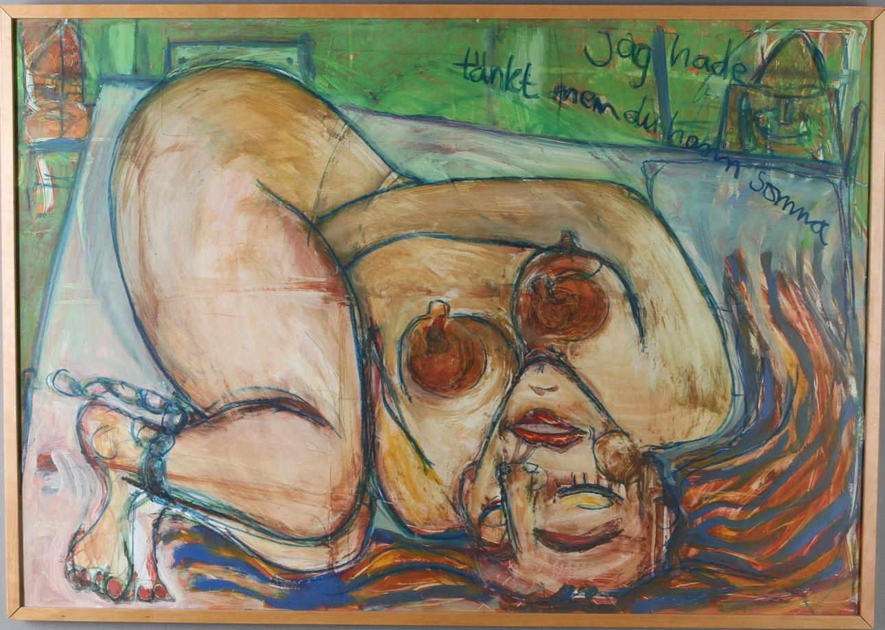 PEPPE ENGBERG. "Jag hade tänkt med du hann somna", blandteknik, monogramsignerad.