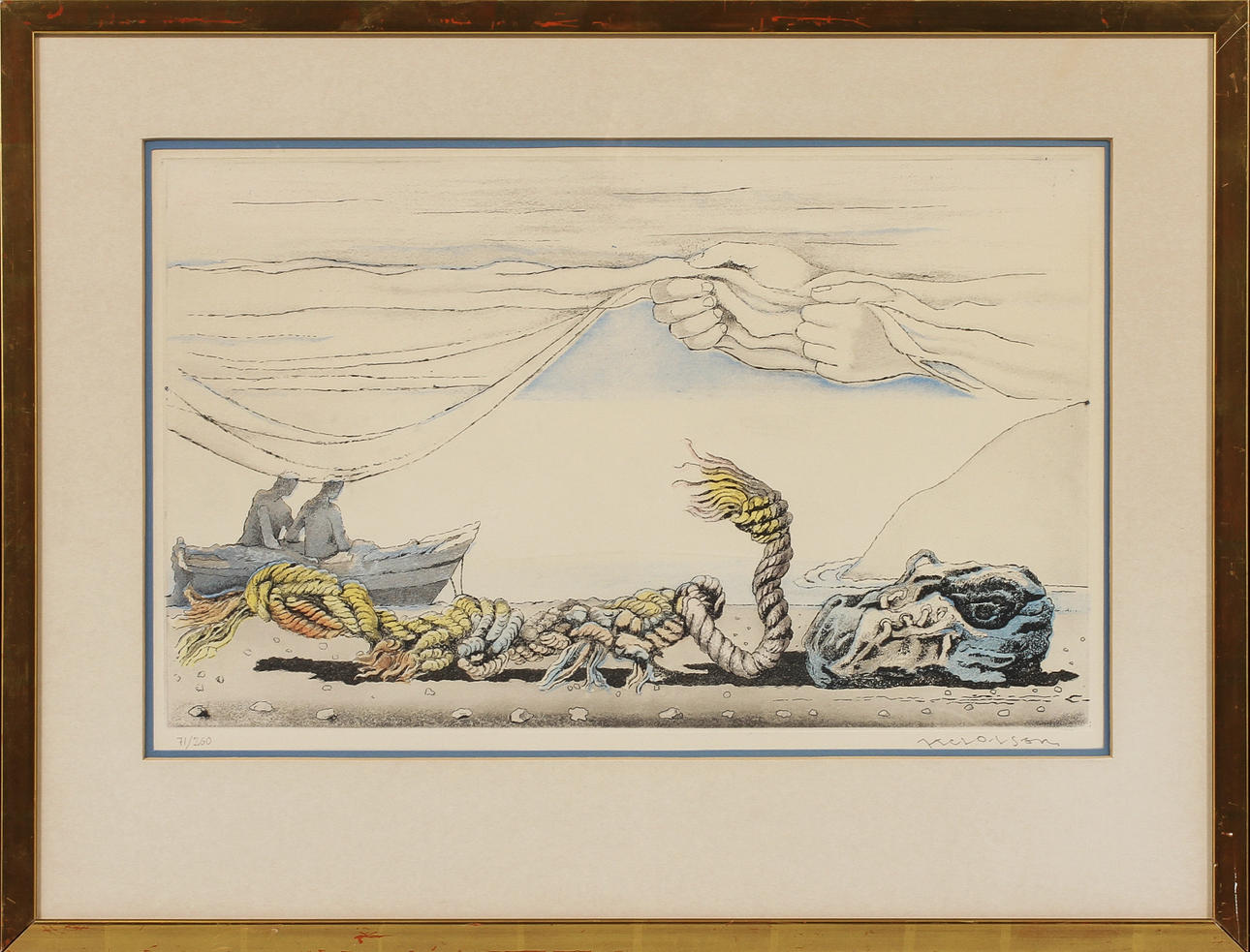 AXEL OLSON. Surrealistisk bild, färglitografi, signerad och numrerad 71/260.