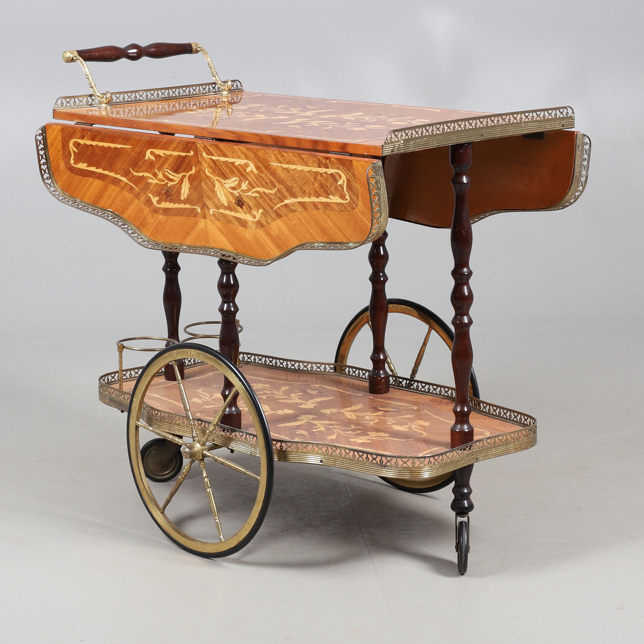 AN INLAID TWO TIER DRINKS TROLLEY.