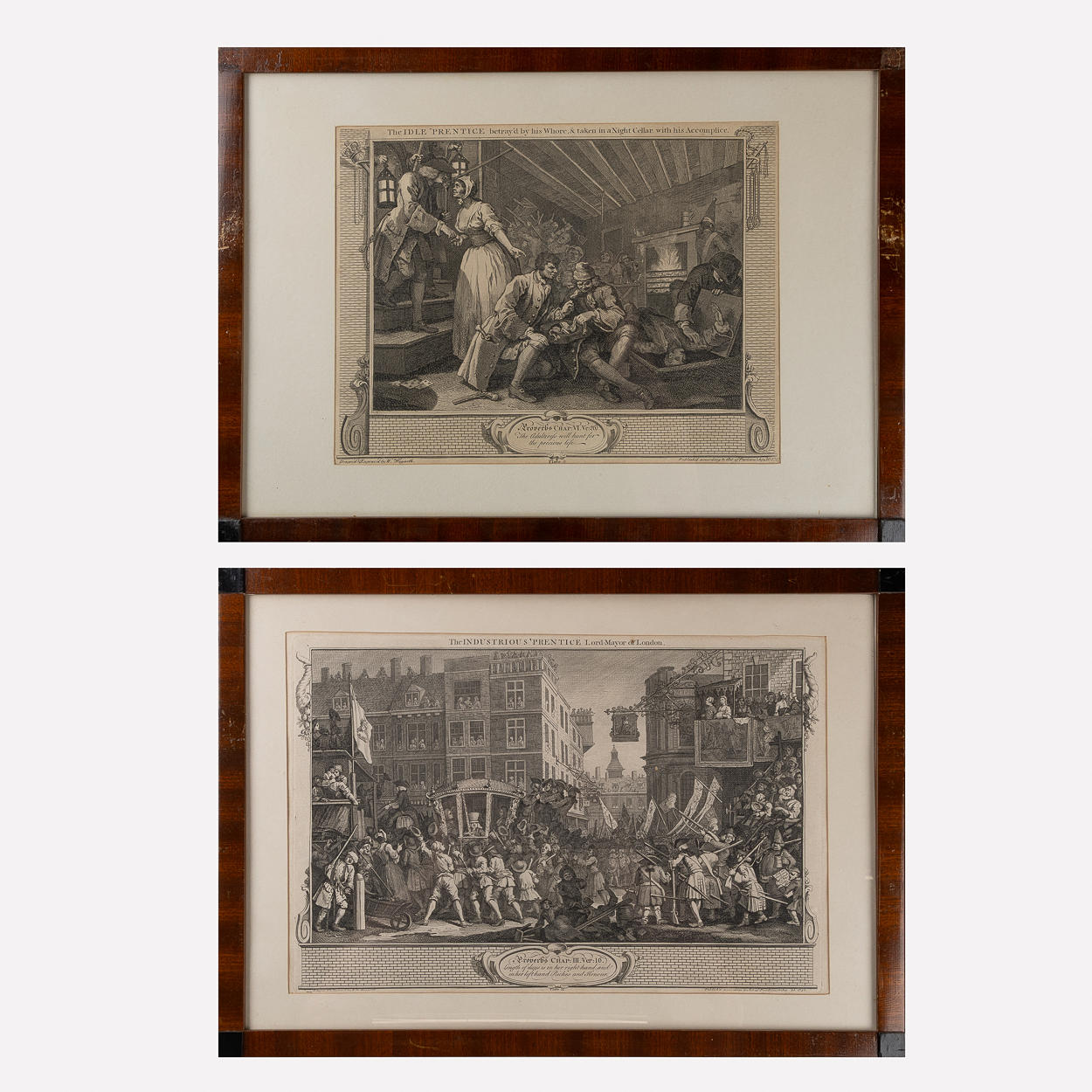 WILLIAM HOGARTH. "The Idle Prentice" och "The Industrious Prentice", kopparstick, 2 stycken, 1747.