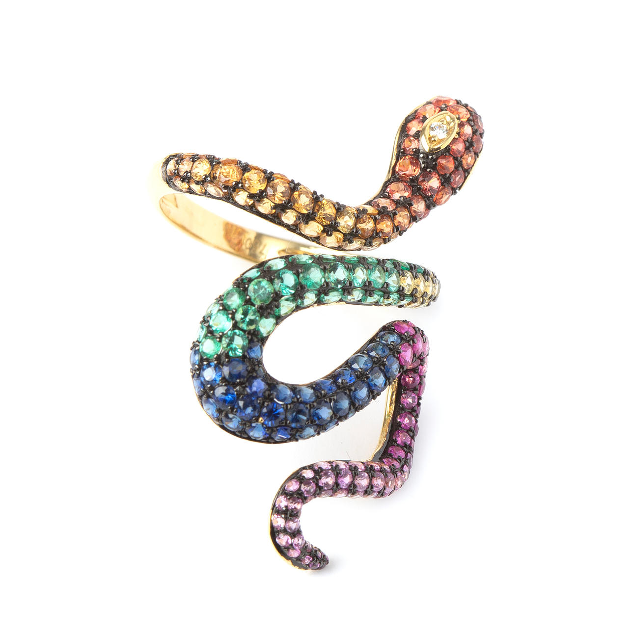 RING, 18K gold with brilliant cut diamonds in total approx. 0.01 ct and faceted sapphires, emeralds and pink, yellow and orange sapphires.