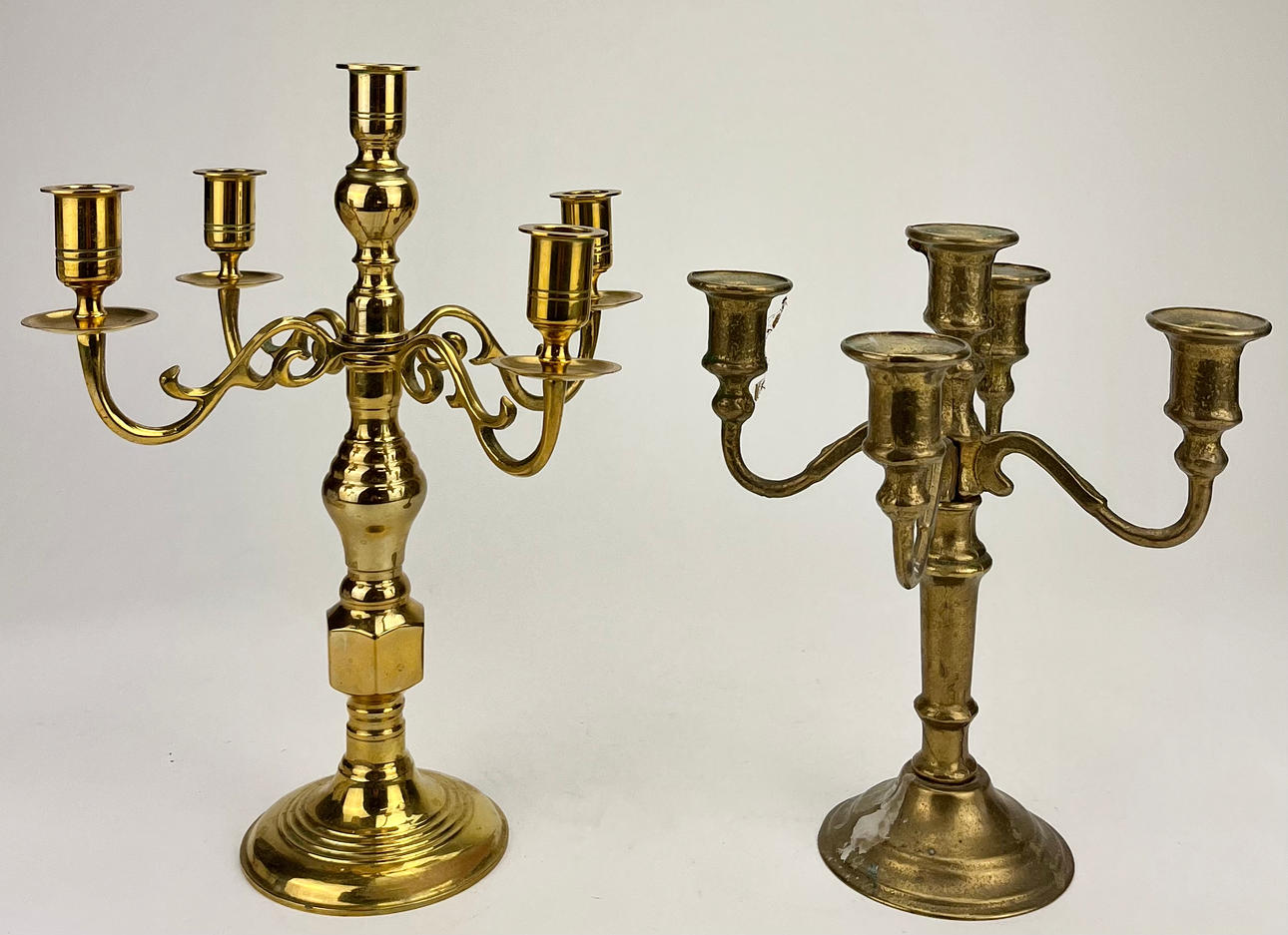 CANDELABRAS, for 5 candles, 2 pcs, yellow metal.