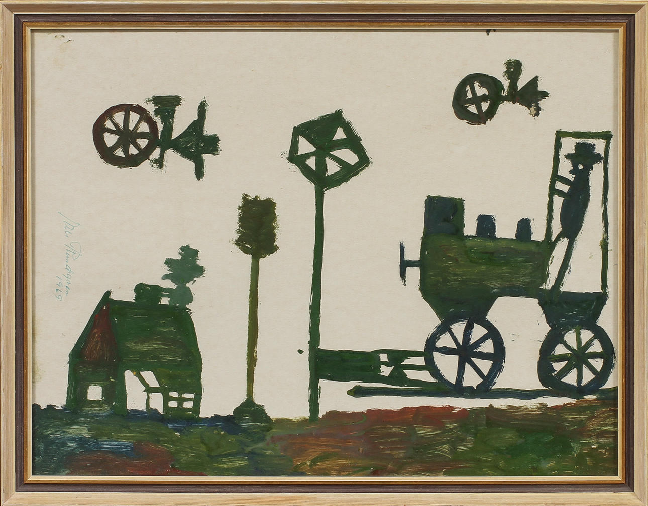 NILS RUNDGREN. (Björnjägaren). Motiv med sputnikar, blandteknik, sign o dat 1969.