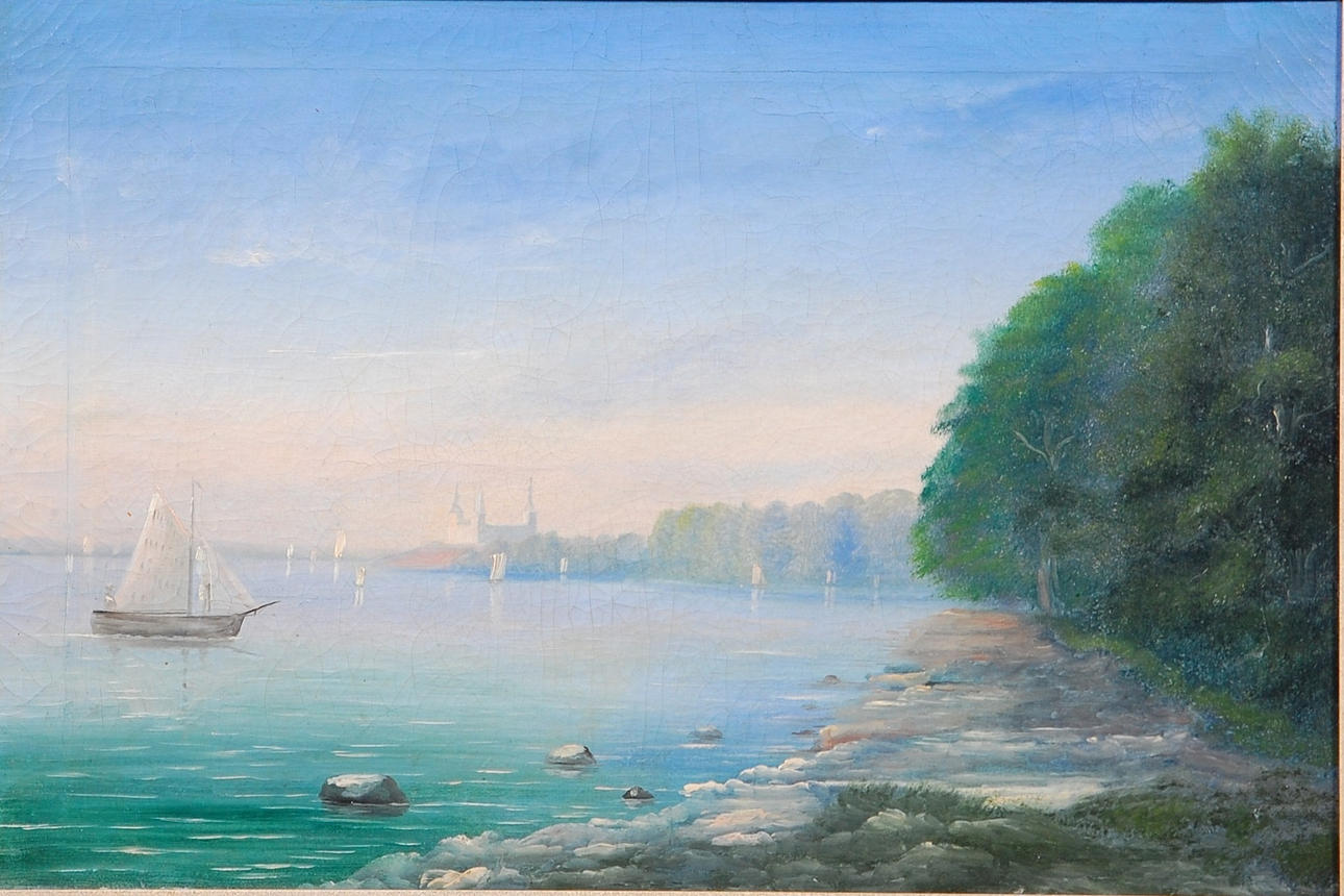 OIDENTIFIERAD KONSTNÄR. olja på duk, " Motiv mot Kronborg " 1800-tal.