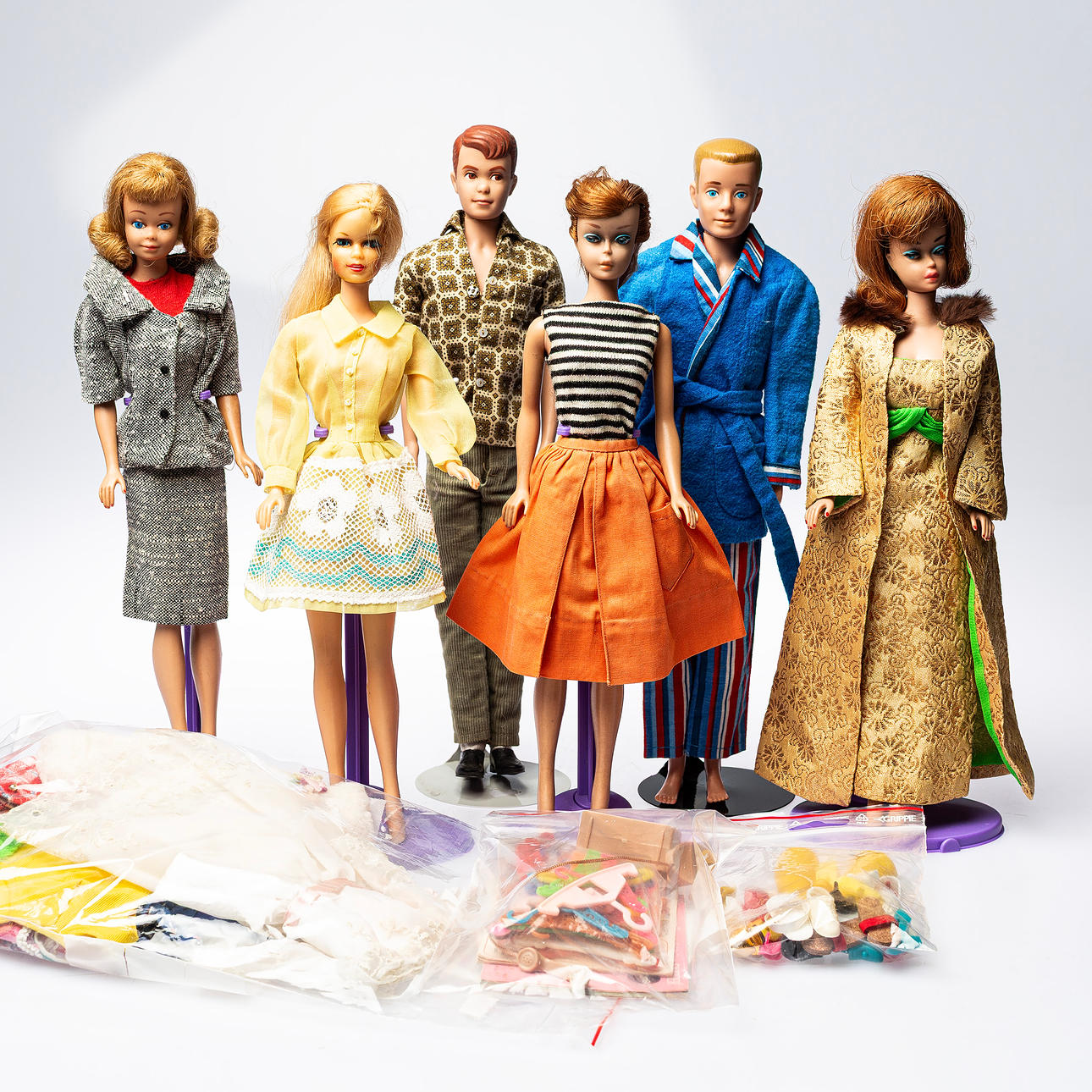 BARBIES, 6pcs, with clothes & accessories, Mattel Inc, 1960s.