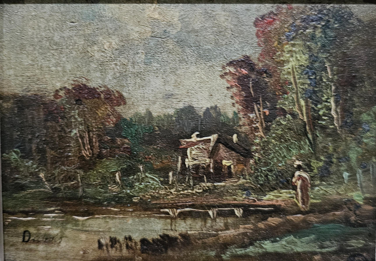 DAMLANDSKAB. OLIE PÅ LÆRRED. ULÆSELIG UNDERSKRIFT.