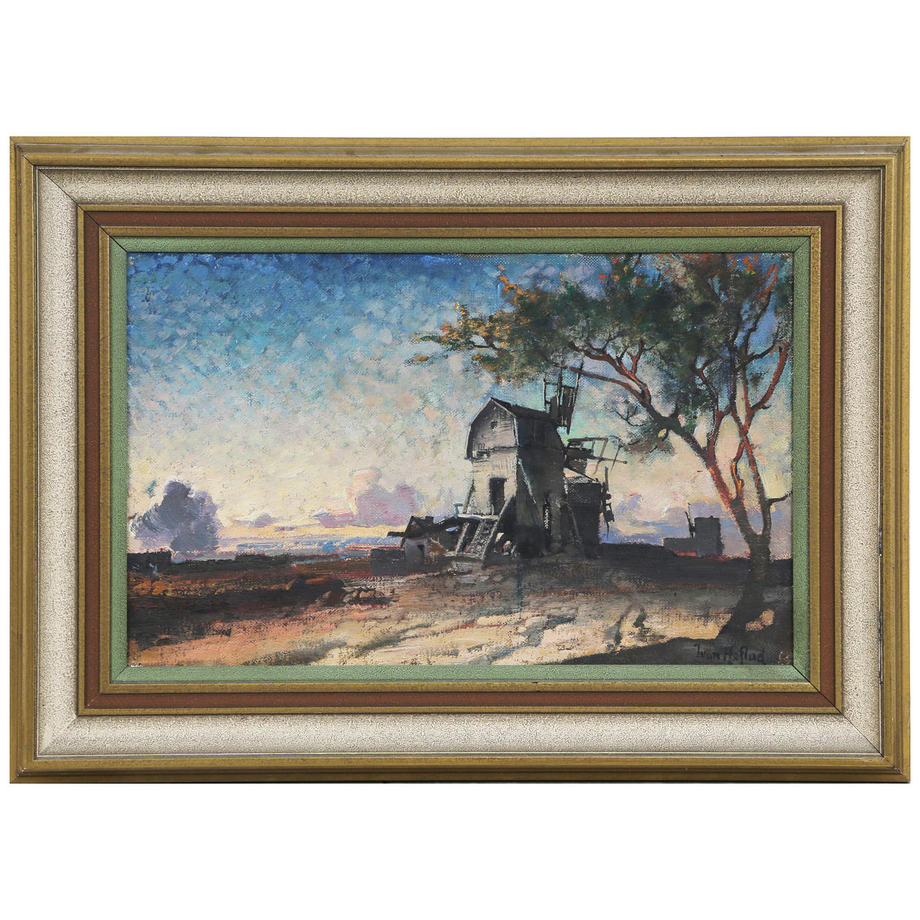 IVAN HOFLUND. “WINDMILLS” OIL ON PANEL, SIGNED.
