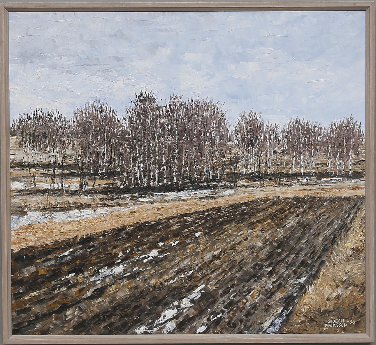 GIDEON ERIKSSON. Åker kantad med björkar. Olja på pannå, signerad och daterad -83.