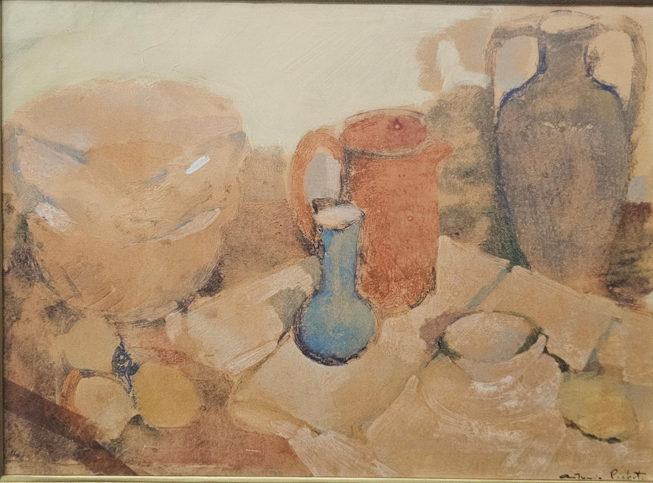 ANTONIO PICHOT SOLER. BODEGÓN DE ESTUDIO DE PINTOR. CERA SOBRE PAPEL.