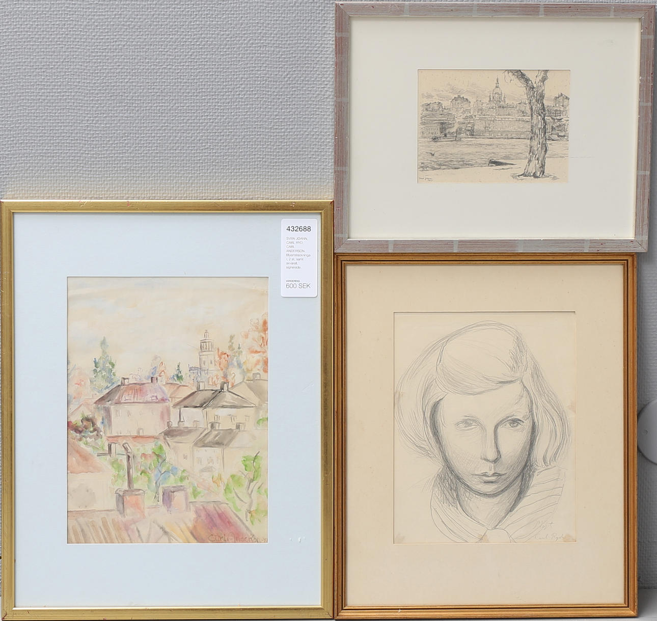 SVEN JOANN, CARL RYD, CARL ANDERSON. Blyertsteckningar, 2 st, samt akvarell, signerade.