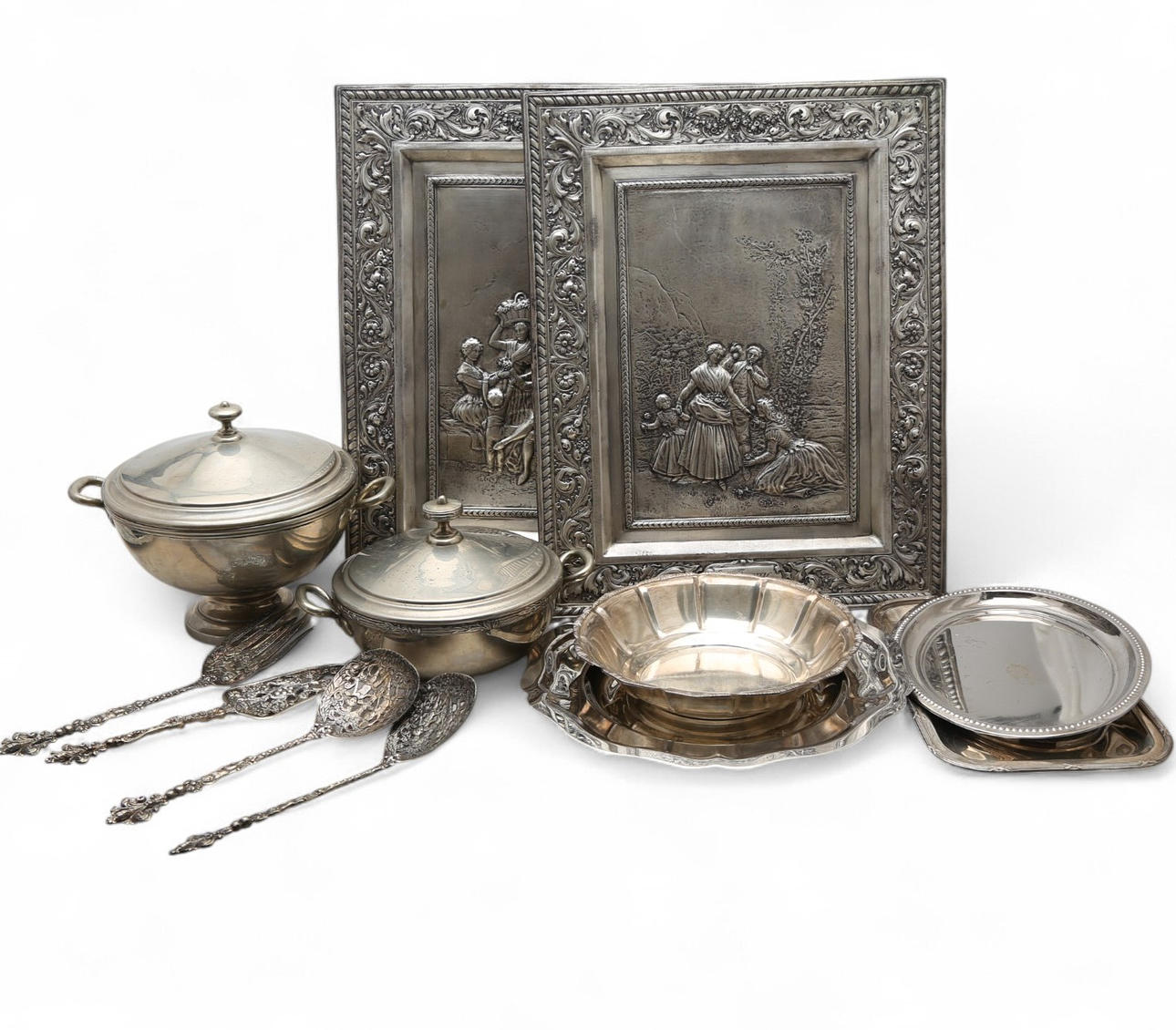 Various silvery metal objects, 20th Century.