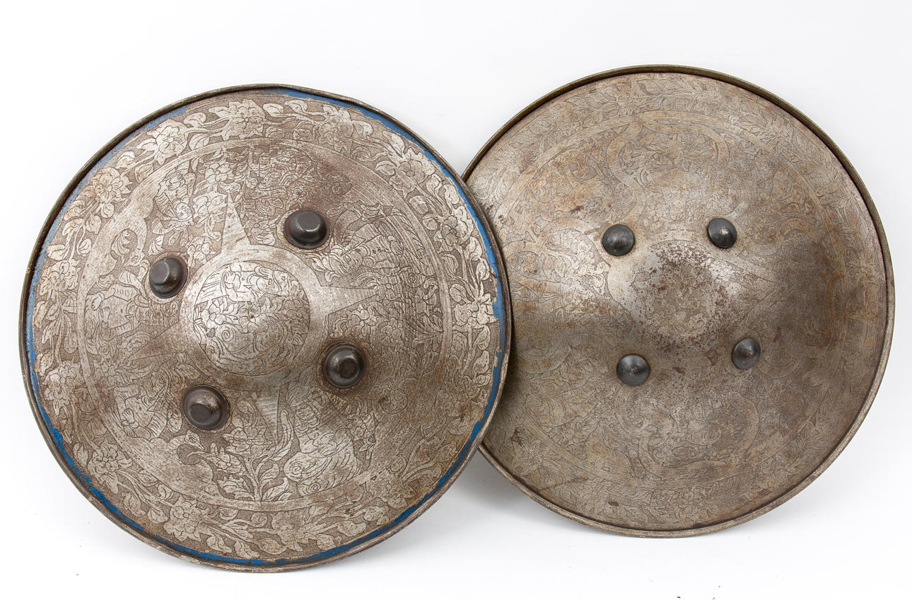 2 OLD ARMY SHIELDS, metal alloy.