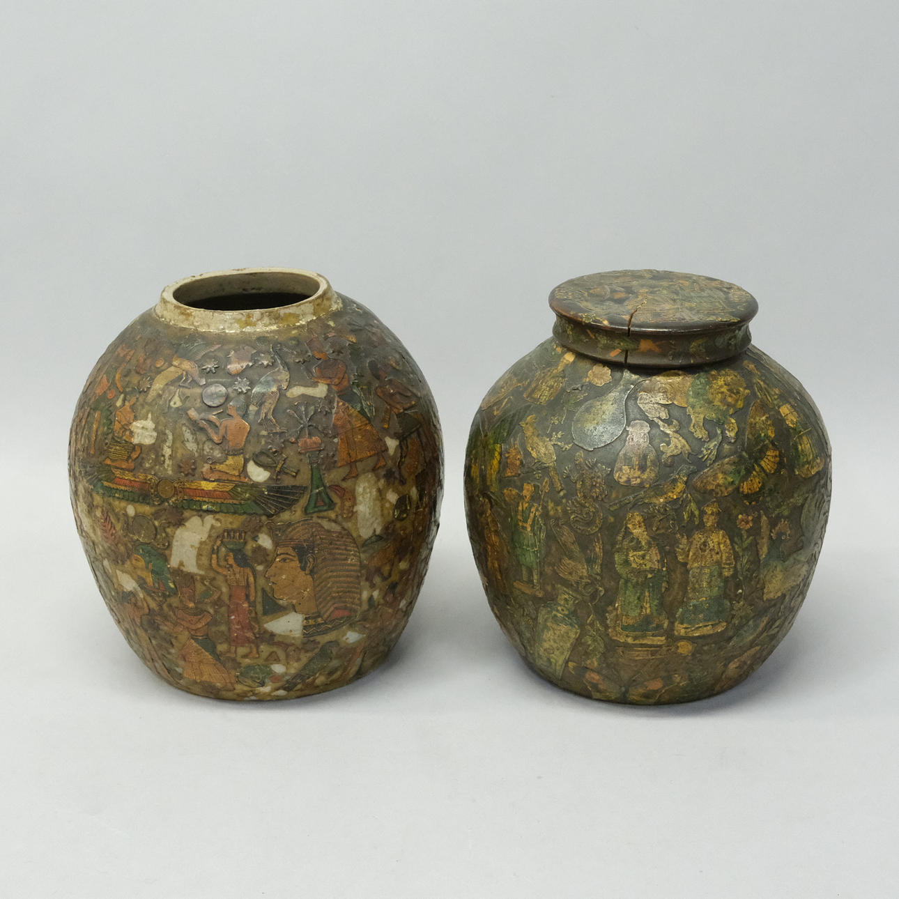 BOUJANS, A PAIR, WITH DECOUPAGE WORK.