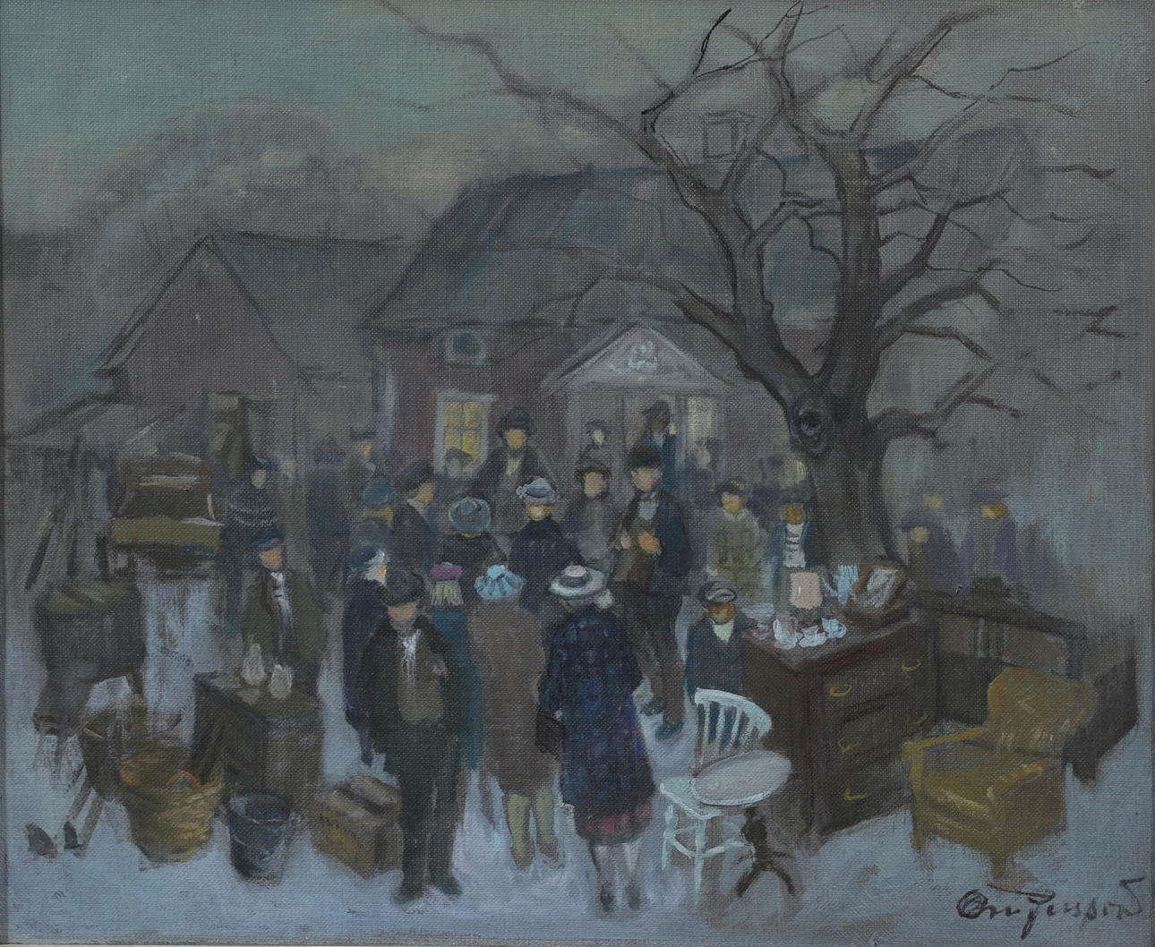OVE PERSSON. “Auction”, oil on panel, signed and dated verso 1978.