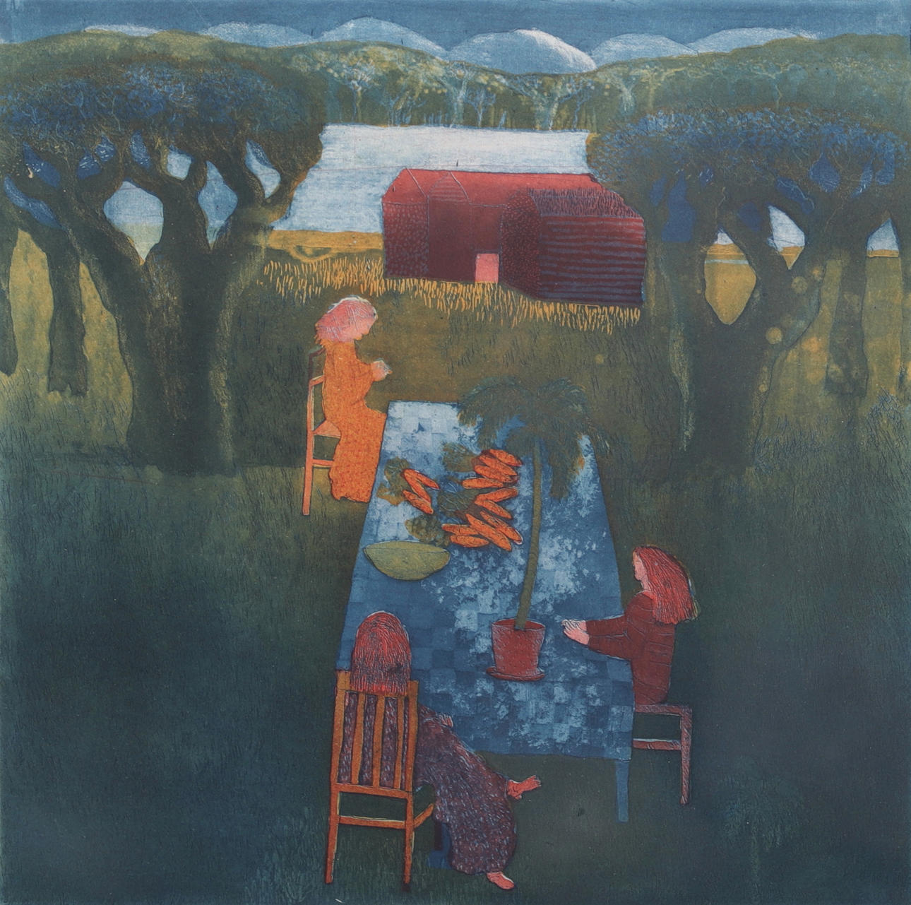 HELMTRUD NYSTRÖM. “The Guest House Guests”, colour etching, signed, numbered 31/75 and dated 1976.