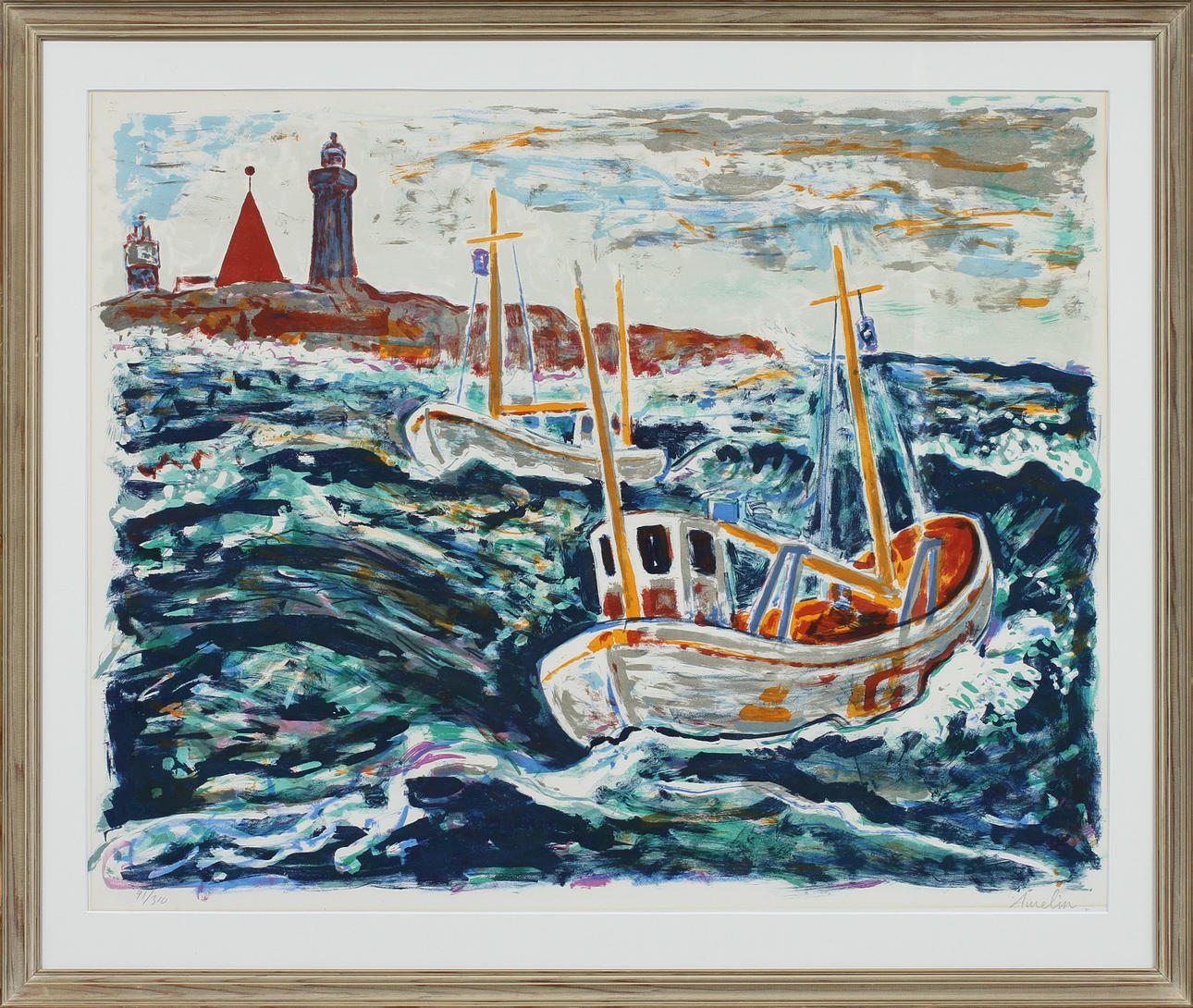 ALBIN AMELIN. Båtar vid Vinga fyr, färglitografi, signerad och numrerad 91/310.