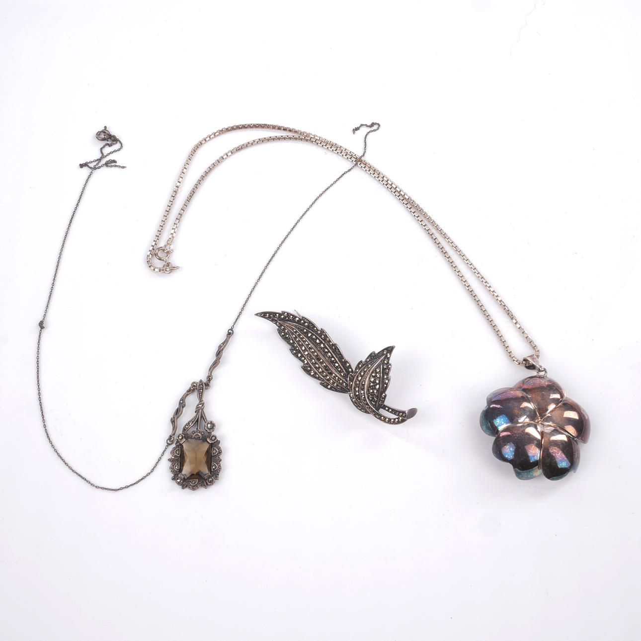 NECKLACE AND BROOCH, 3 pcs, silver.