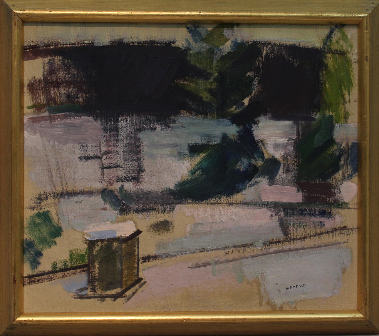 NILS FOLKE KNAFVE. "Vinter i trädgården". Olja på pannå. Signerad Knafve.