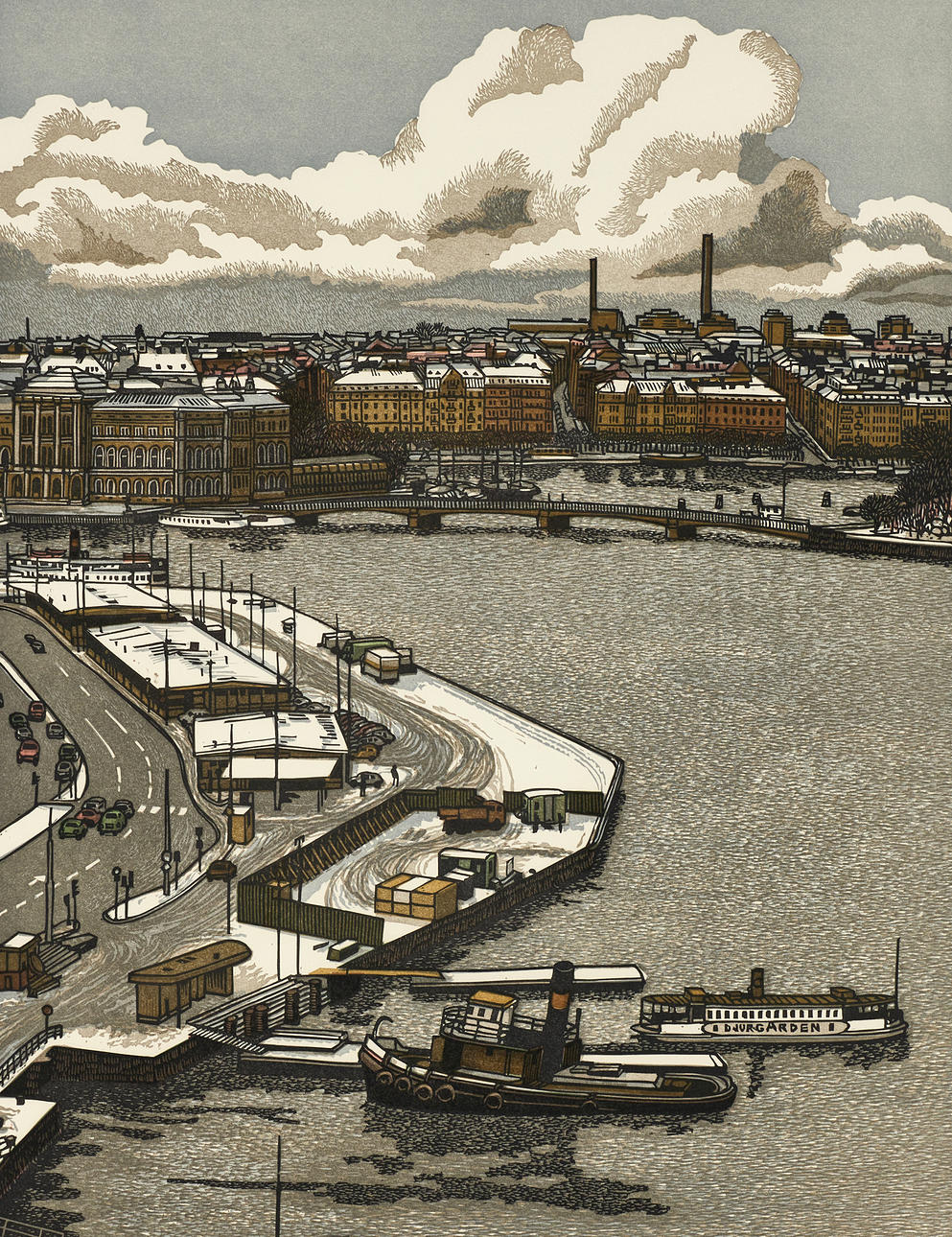 SVENOLOV EHRÉN (SVERIGE, 1927-2004). View of Stockholm with a view of the ship bridge seen from the lock, signed and dated 80, numbered 224/360, woodcut.