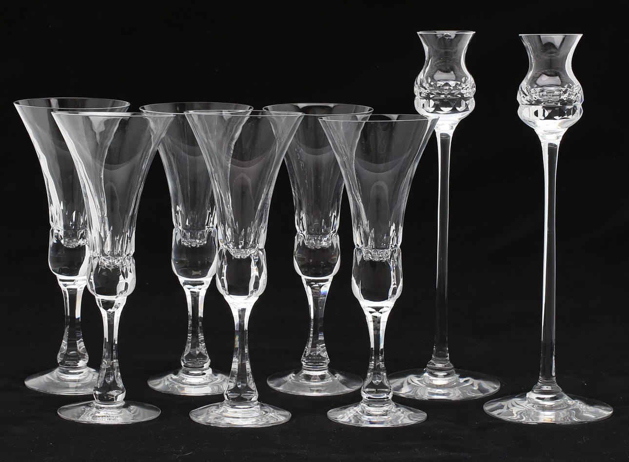 CHAMPAGNEGLAS, 6 st, samt LJUSSTAKAR, ett par, "Prince", Göran Wärff Kosta Boda.