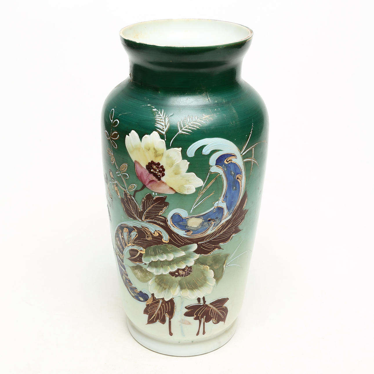 Vase, glas, håndmalet, århundredeskiftet 1900.