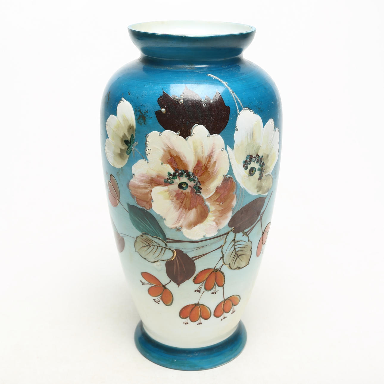 Vase, glas, håndmalet, århundredeskiftet 1900.