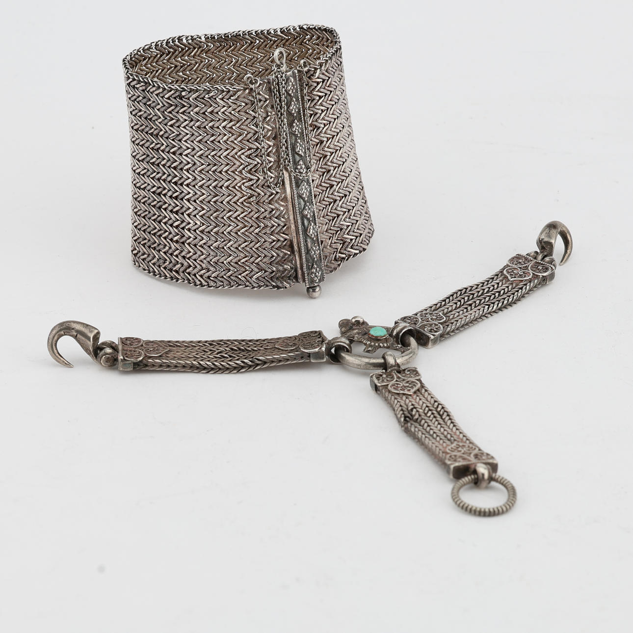 A chatelaine bracelet, silver, turquoise coloured stone, Anatolia.