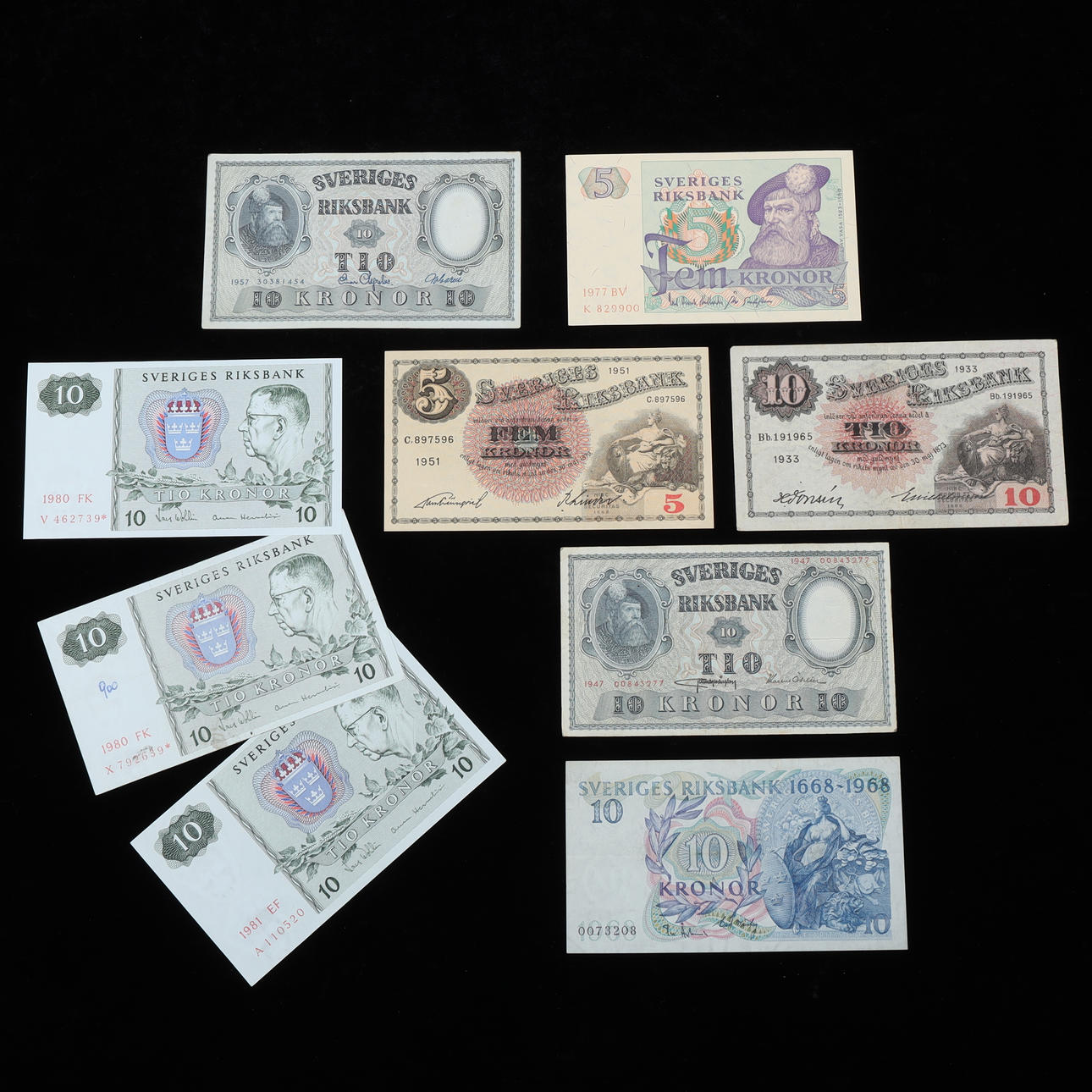 PENGESEDLER, 9 stk., Sverige, 1900-tallet.