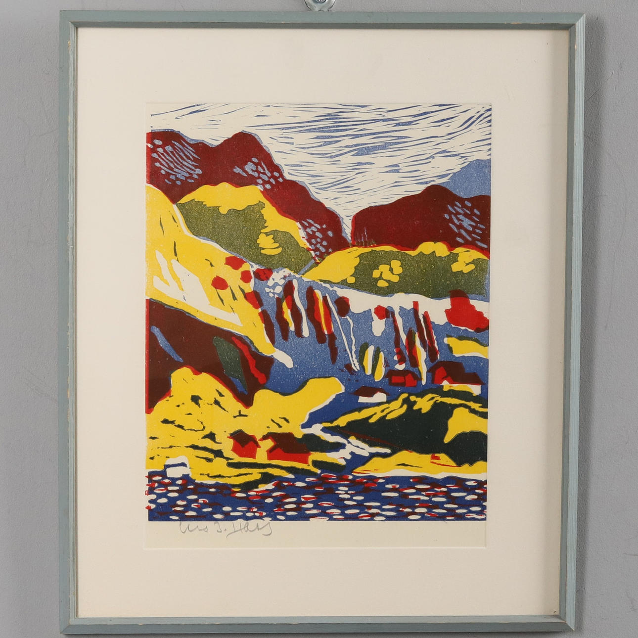 LARS HAAG. COLOURED WOODCUT, mountain landscape, signed.