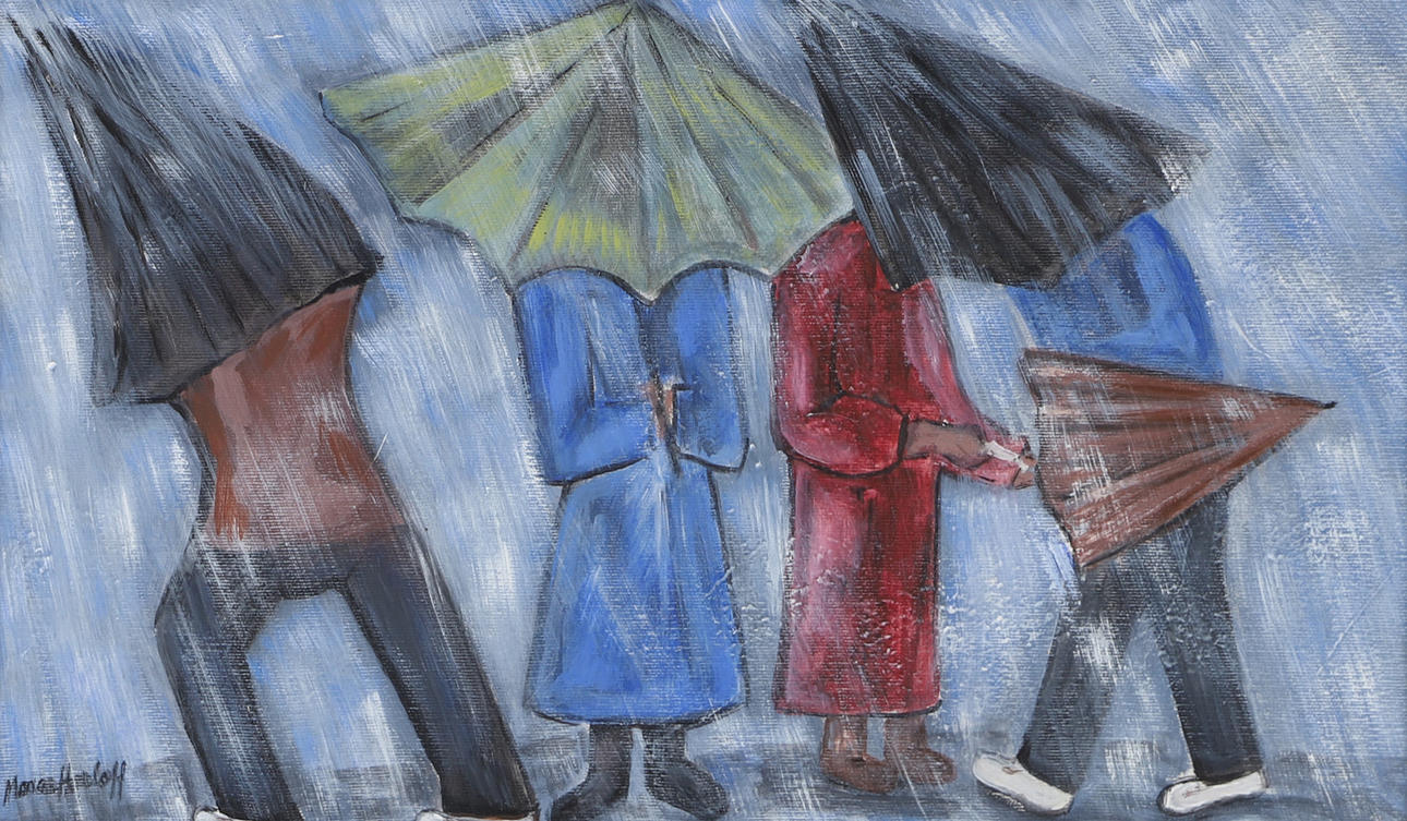MONA HARLOFF. Rainy weather, mixed media, signed.