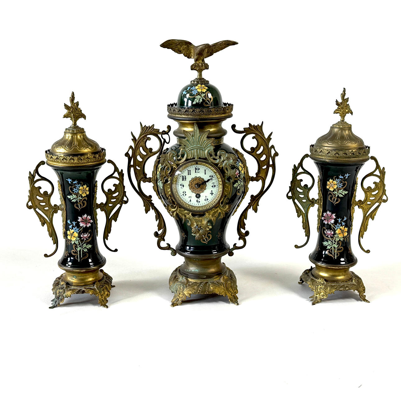 FRENCH PORCELAIN CLOCK GARNITURE.