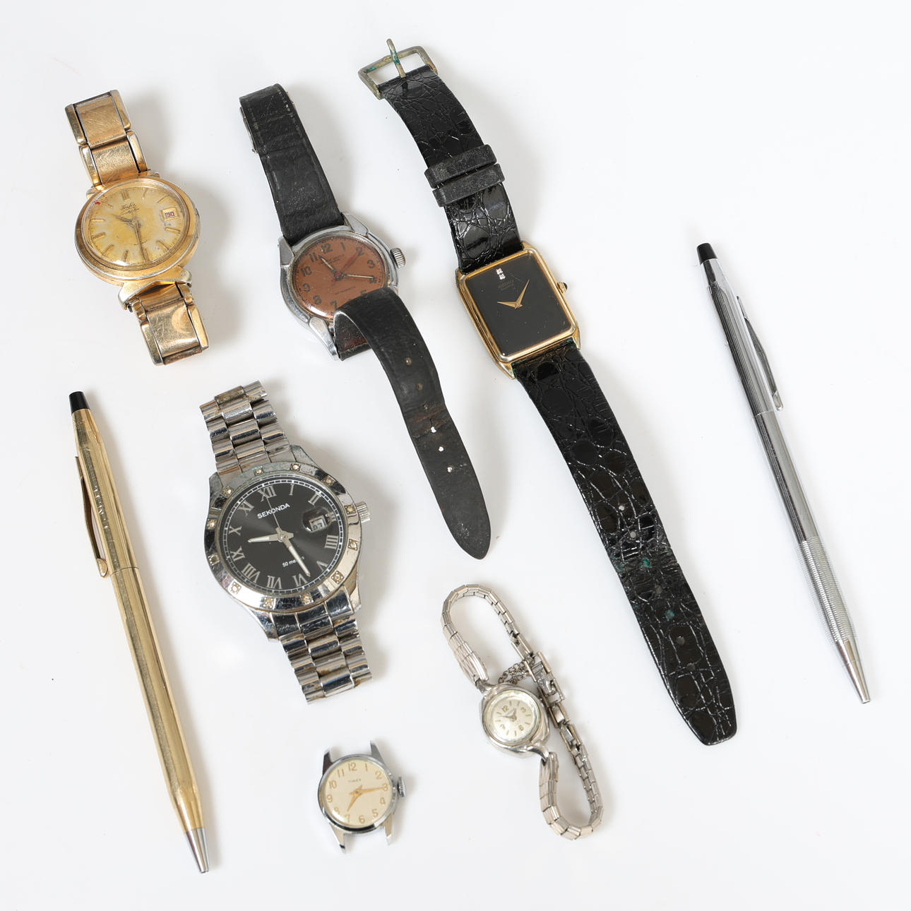 SIX WRISTWATCHES, TWO CROSS PENS (8).