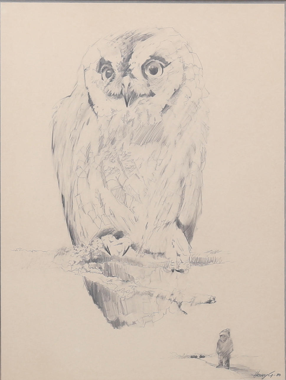 HENRY GUSTAFSSON. “Our Owl”. Pencil, signed and dated -80.