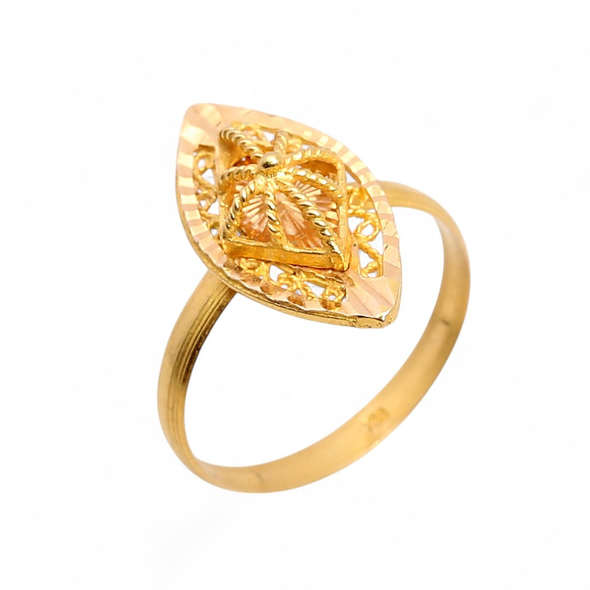 Historicist-style gold shuttle ring.