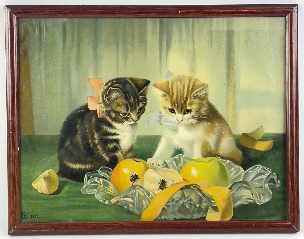 REPRODUCTION PRINT, cat motif, signed E Blair in print.