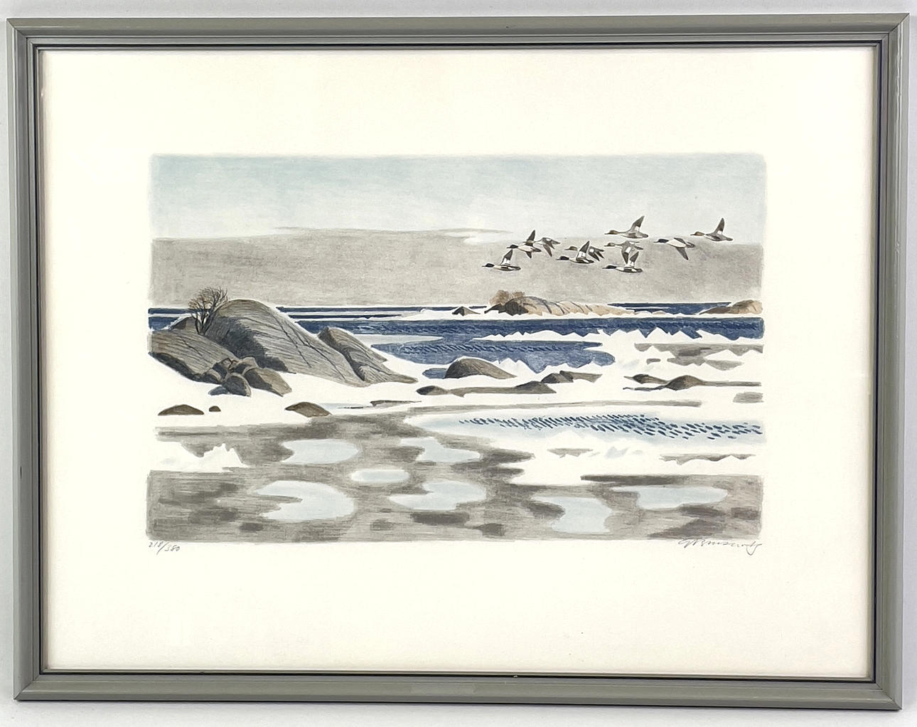 GUNNAR BRUSEWITZ. Lithograph in colours, flying ducks on the coast, signed and numbered 218/380.