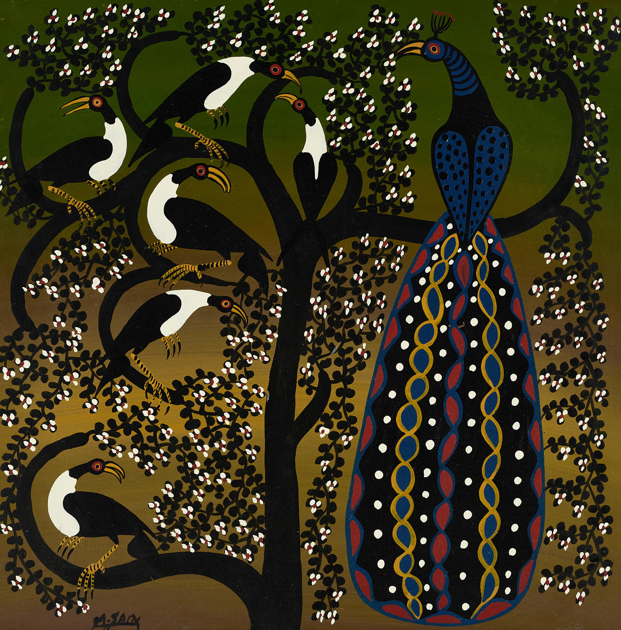 MOHAMMED SAIDI, Bird tree, lacquer paint on panel.