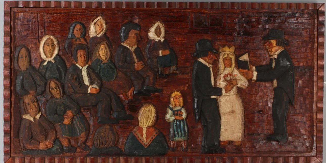 EDVIN VALDEMAR ELIASSON. TILLSKRIVEN. Bröllop, skuret och bemålat trä, osignerad.