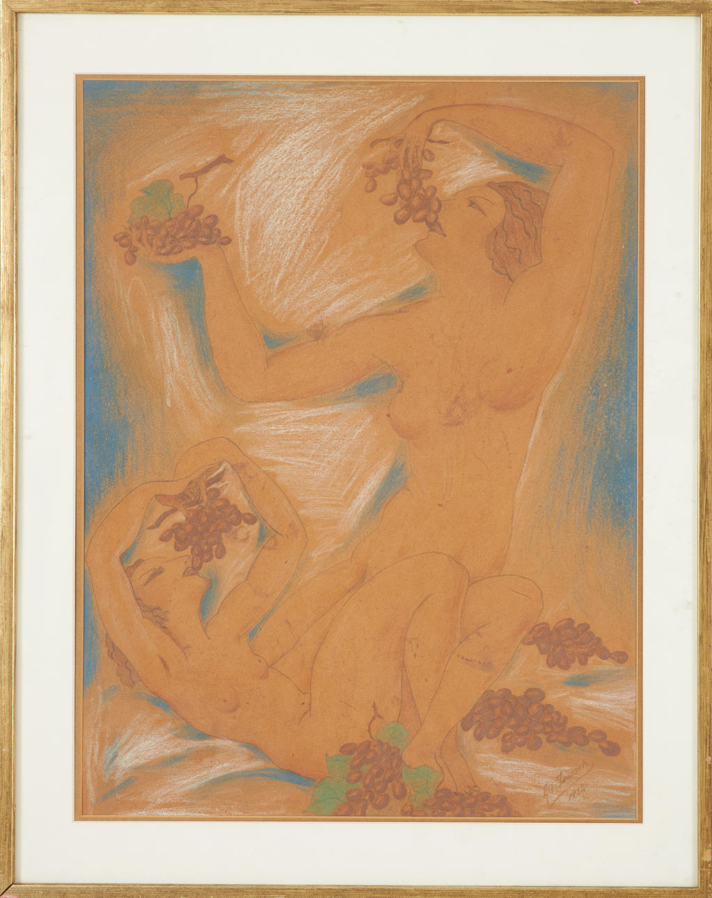 OIDENTIFIERAD KONSTNÄR. Women with grapes, signed and dated Alf Iwarson 1932, pencil and pastel.