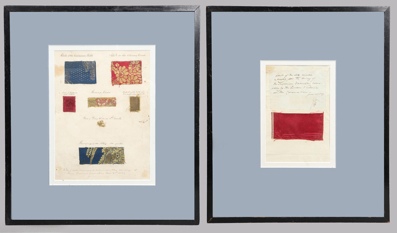 QUEEN VICTORIA INTEREST, TWO FRAMED SHEETS WITH APPLIED FABRIC.