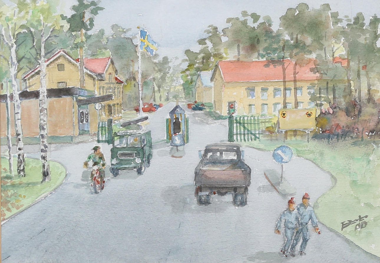 OIDENTIFIERAD KONSTNÄR. Watercolour, probably a motif of the Norrland Artillery Regiment. Reportedly a gift to Norrland artillerist Lieutenant Colonel Jonas Hedberg on his 100th birthday, brother of Zarah Leander. Inclearly signed and dated 00.