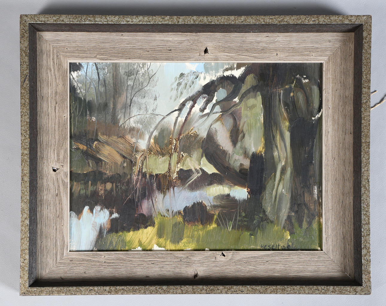 JULIA HESELTINE (B1933), RIVERSIDE SCENE WITH OVERHANGING TREES.