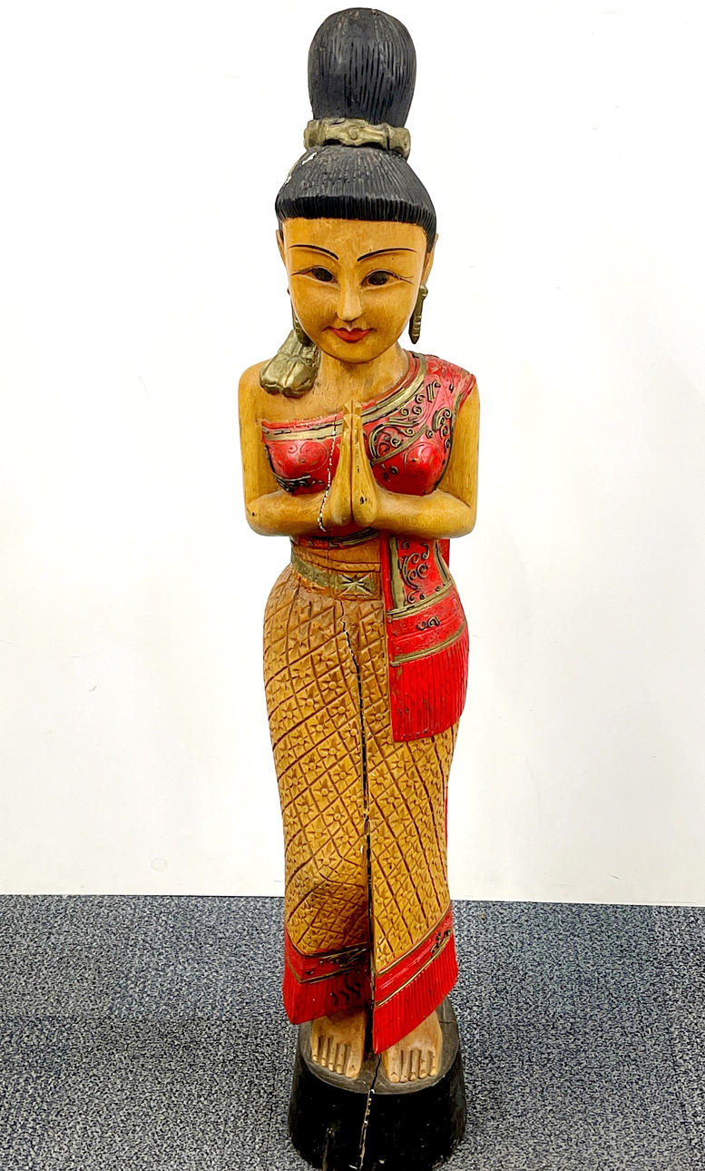 SIAMESE PAINTED CARVED WOODEN FIGURE.