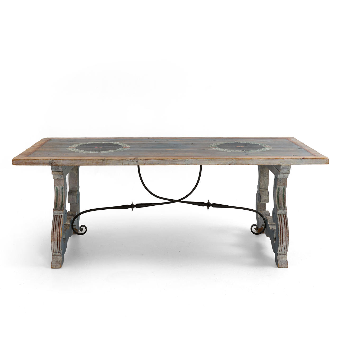 Dining table, 20th century, baroque style, rustic model in grey painted pine and iron fittings underneath.