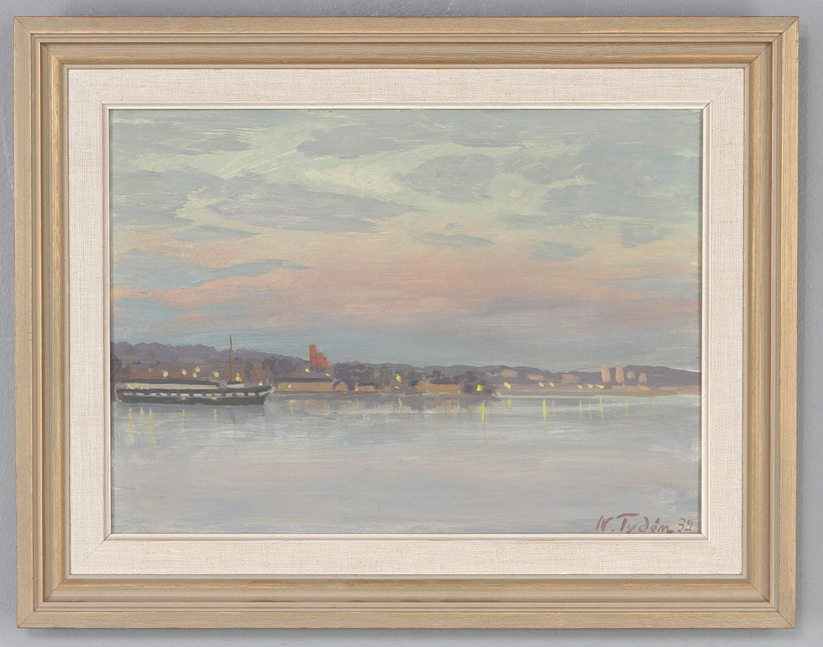 NILS TYDEN. "Afton vid strömmen", olja på pannå, signerad och daterad -32.