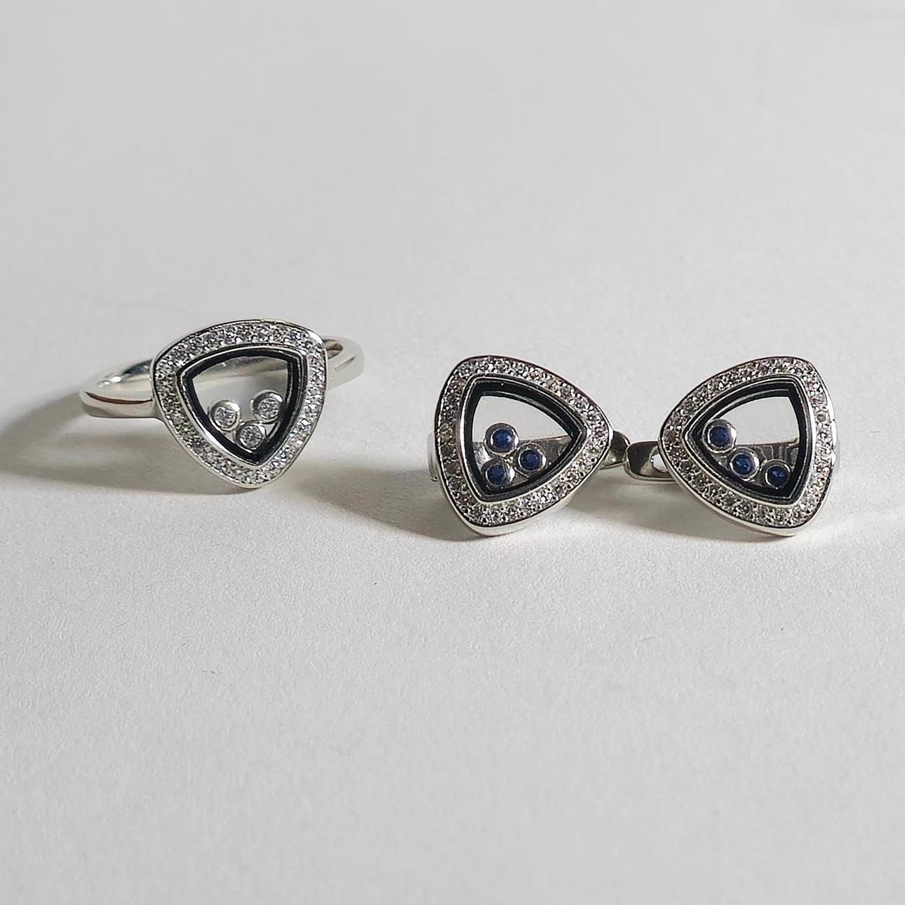 SORTIJA Y PENDIENTES ESTILO CHOPARD EN PLATA Y CIRCONITAS.