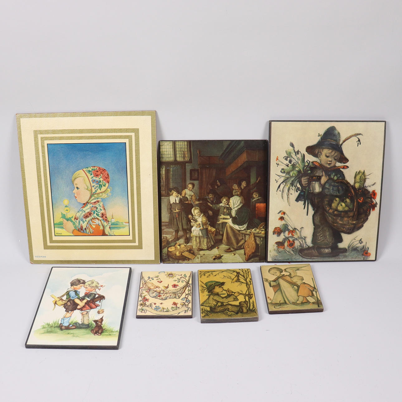 MALERIER, tryk på panel, børn/naive motiver, 7stk.