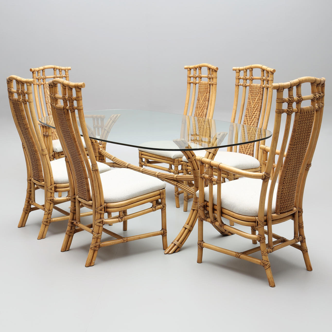 MATGRUPP, 8 delar, glas, bambu/rotting, 1900-tal.